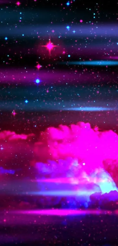 Vibrant cosmic cloudscape with pink and purple hues against a starry sky.