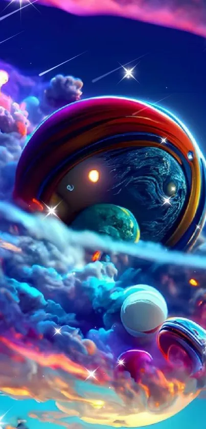 Vibrant cosmic wallpaper with planets and clouds in vivid colors.