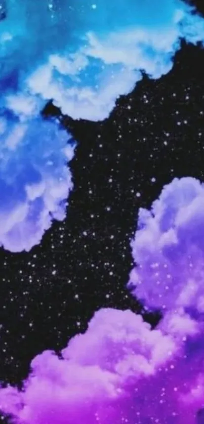 Vibrant cosmic wallpaper with blue and purple clouds in starry background.