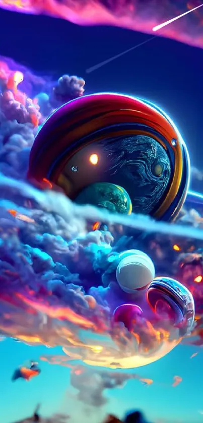 Vibrant cosmic planets and clouds mobile wallpaper.