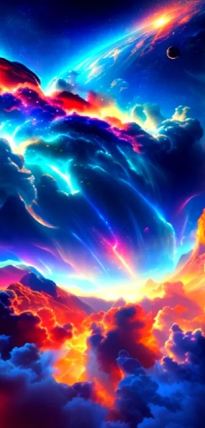 Vibrant cosmic scene with colorful clouds and planets in a stunning wallpaper.