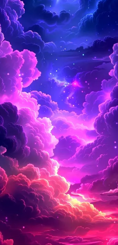 Vibrant cosmic cloudscape mobile wallpaper with purple, pink, and blue hues.