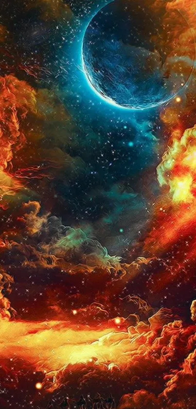 Vibrant cosmic scene with blue planet and fiery clouds.