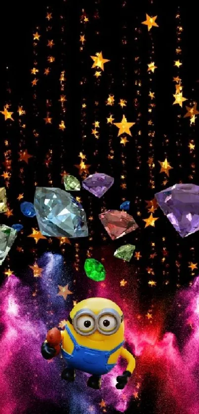 Colorful cosmic wallpaper featuring gems and a playful animated character.