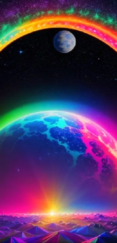 Vibrant cosmic wallpaper with colorful planets and a rainbow arch.