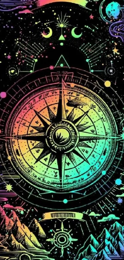 Colorful cosmic compass with stars in abstract space art.