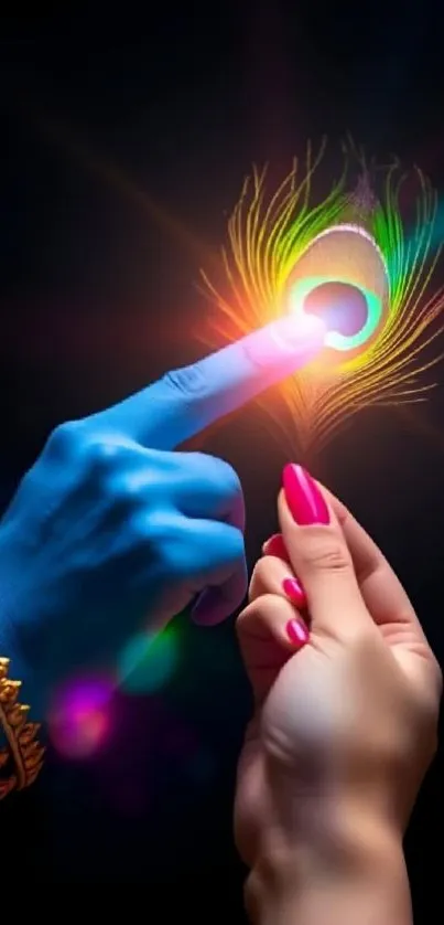 Artistic image of fingers touching with a colorful light burst on a dark background.