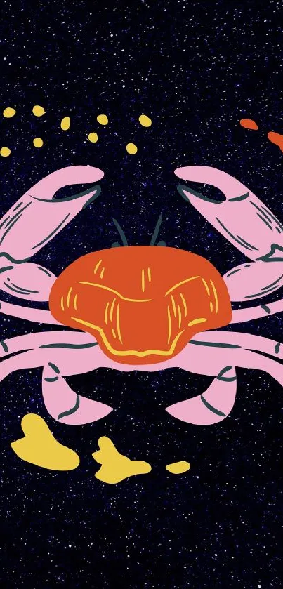 Vibrant pink crab illustration on a dark starry background.