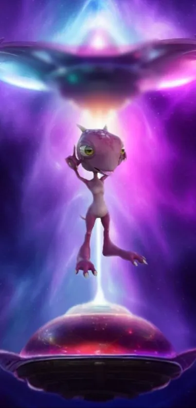 Whimsical alien under a vibrant purple and blue cosmic background.