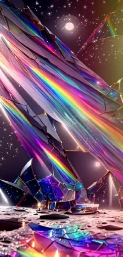 Vibrant cosmic crystal wallpaper with rainbow and stars.