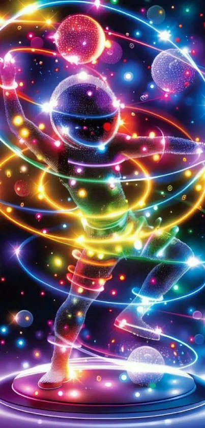 Vibrant cosmic dance with colorful lights and futuristic design.