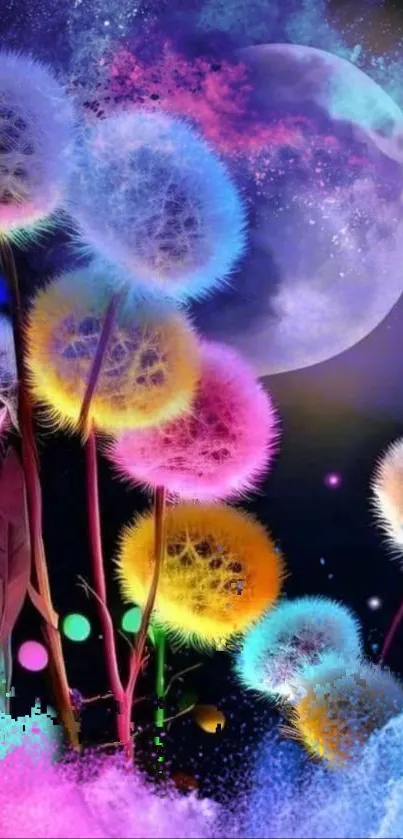 Vibrant cosmic dandelions with colorful night sky and moon.