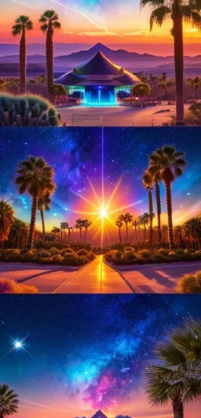 Vibrant sunset and starry night over a desert with palm trees and cosmic sky. 