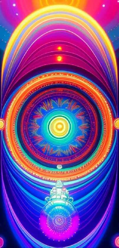 Vibrant cosmic digital art with circular patterns on a mobile wallpaper.