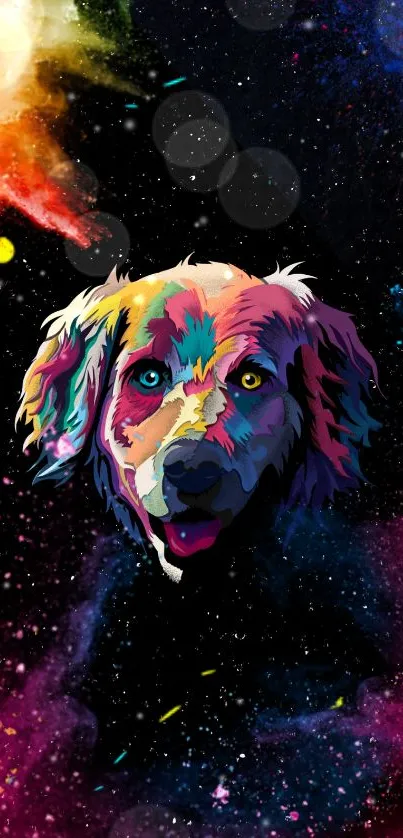 Vibrant cosmic dog art wallpaper with colorful abstract design on black background.