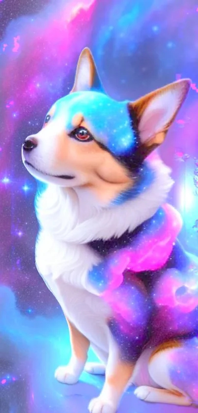 A vibrant cosmic dog in a colorful galaxy-themed background.