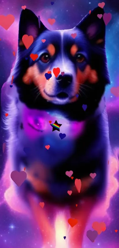 Cosmic dog with colorful hearts in a vibrant galaxy-themed wallpaper.