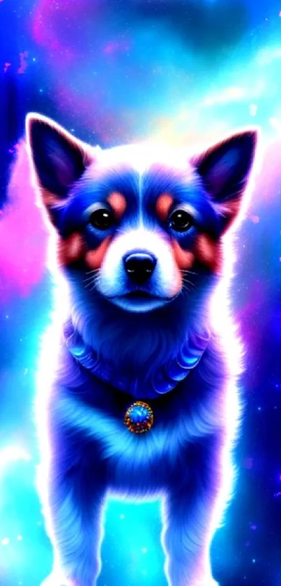 Vivid dog wallpaper with a cosmic and neon galaxy background.