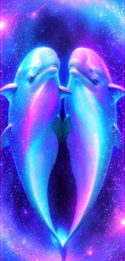 Vibrant dolphins swim in a cosmic galaxy scene.