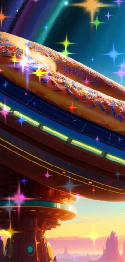 Colorful cosmic donut with vibrant sparkles.
