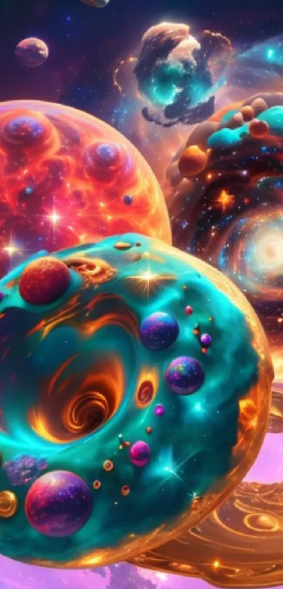 Vibrant cosmic donuts in a galaxy scene.