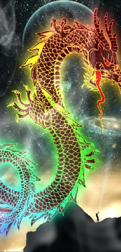 Vibrant multicolored dragon on cosmic wallpaper.