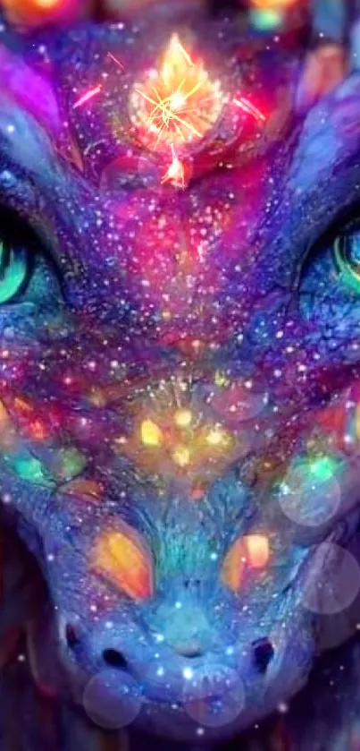 Fantasy art of a cosmic dragon with vibrant colors and glowing eyes.
