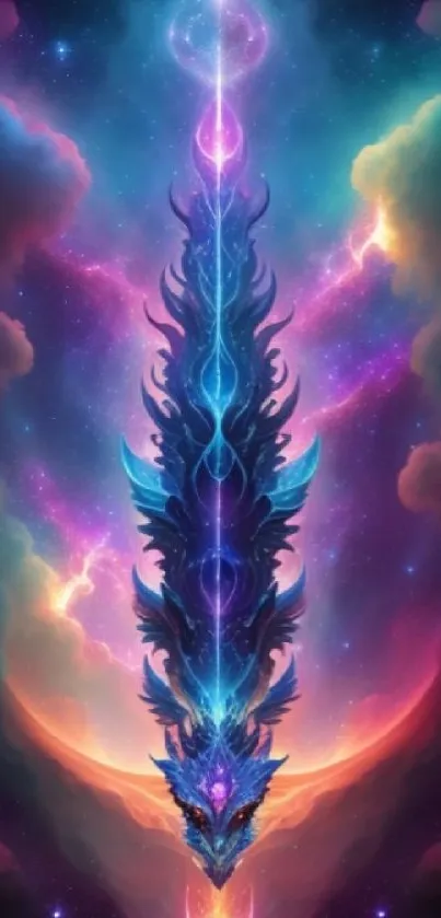 Vibrant cosmic dragon with celestial background.