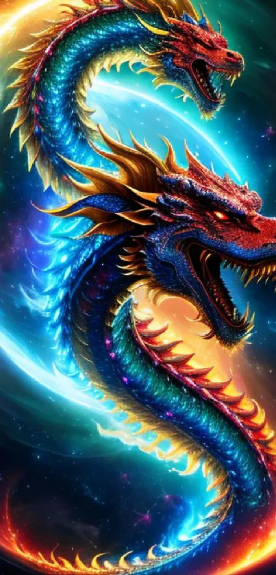 Vibrant cosmic dragon with glowing colors and mystical energy.