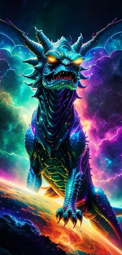 A vibrant cosmic dragon in a galaxy setting with colorful, mystical energy.