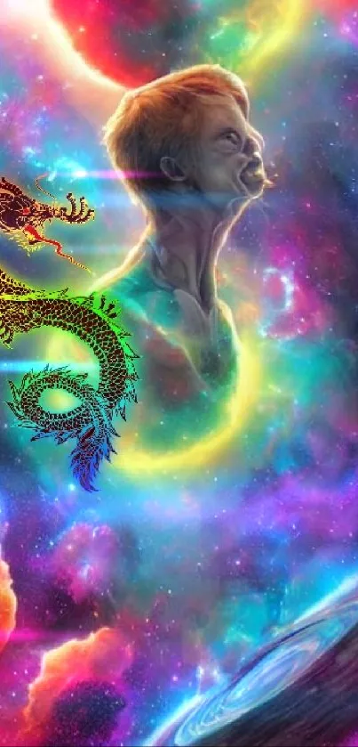 Fantasy wallpaper with a colorful dragon and cosmic design.