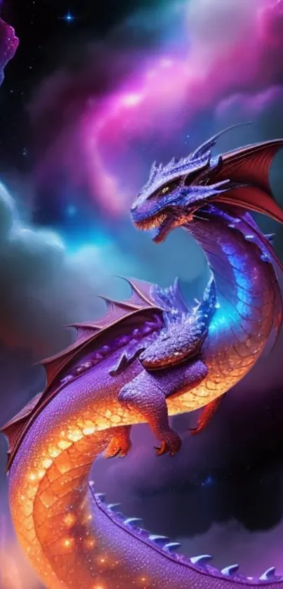 Mystical cosmic dragon with vibrant colors, soaring through ethereal clouds.