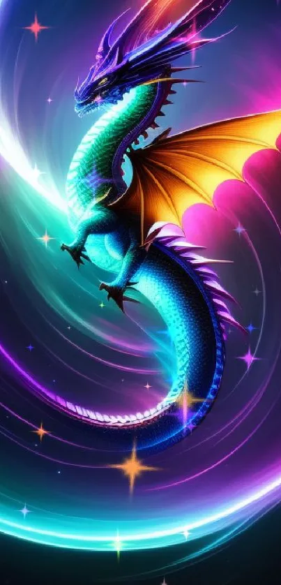 Vibrant cosmic dragon with colorful swirls on a mobile wallpaper.