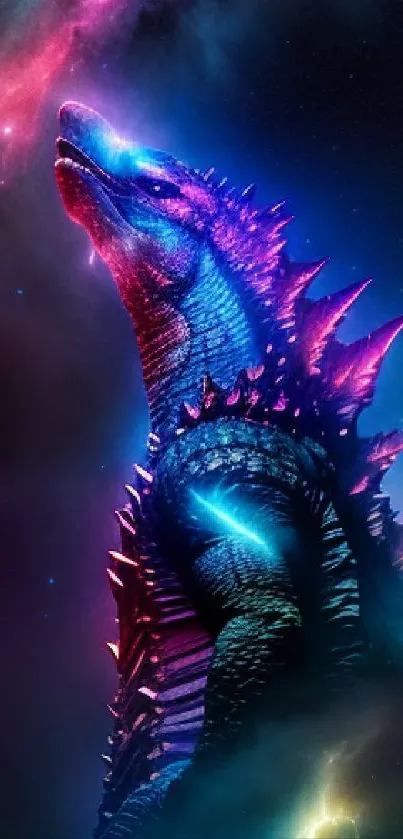 Stunning cosmic dragon with galaxy and lightning on mobile wallpaper.