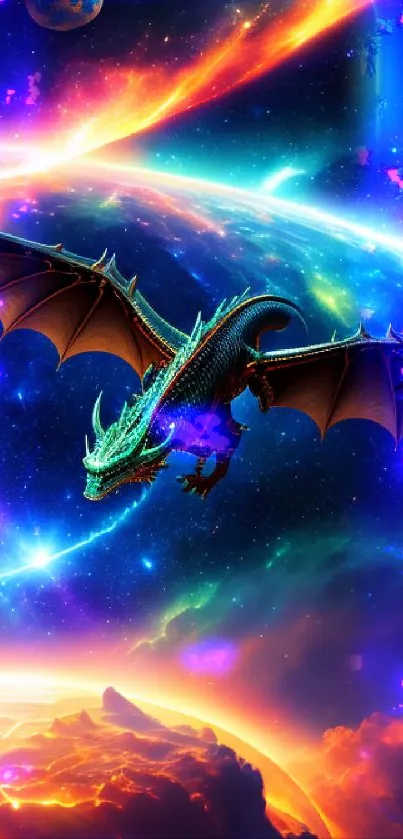 Cosmic dragon soaring in colorful, starry sky wallpaper.