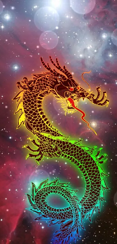 Vibrant cosmic dragon on a galaxy backdrop, glowing in myriad colors.