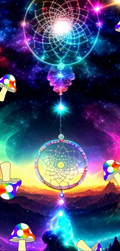 Colorful cosmic dreamcatcher with galaxy background.