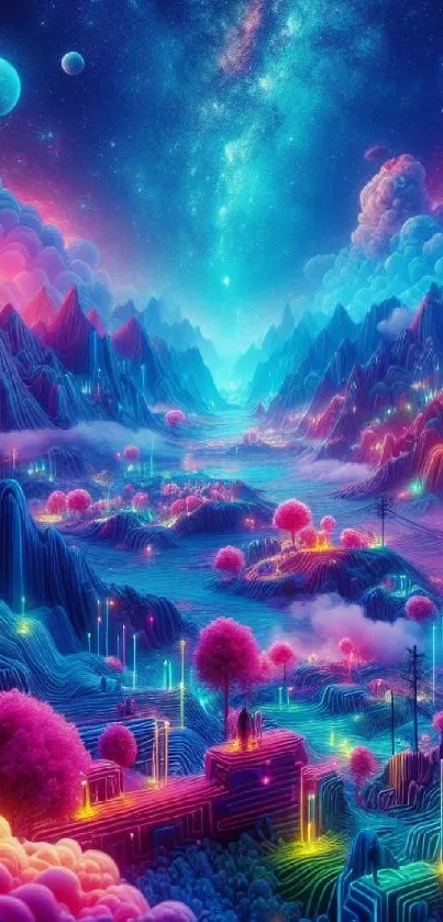 Vibrant cosmic dreamscape with mountains and celestial objects.