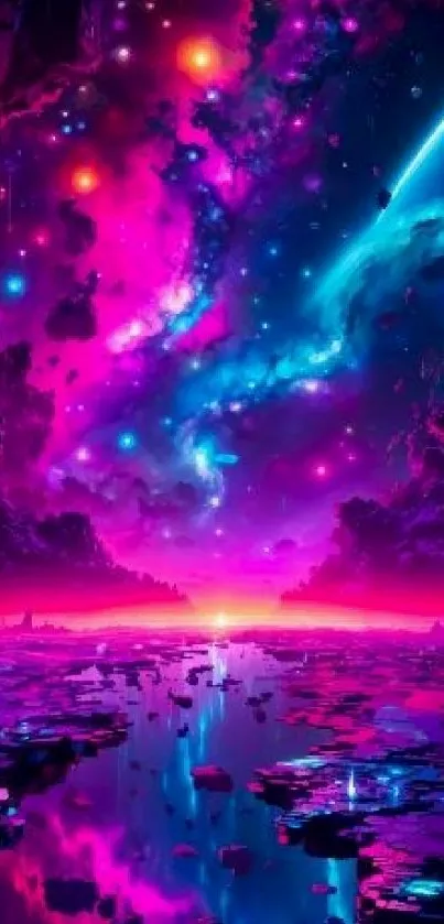 Vibrant neon pink and blue cosmic landscape with galaxies and stars.