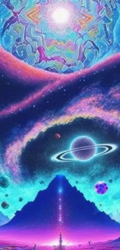 Vibrant cosmic wallpaper with neon planets and galaxies in a surreal space setting.