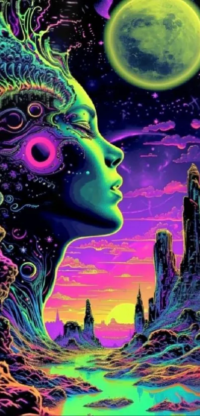 Surreal purple and green cosmic art with neon landscape and celestial features.