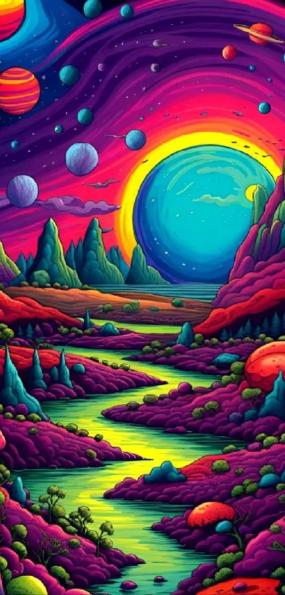 Vibrant cosmic dreamscape with planets and river.