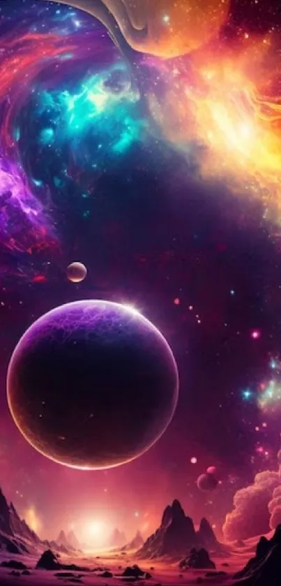 Vibrant cosmic wallpaper featuring planets and colorful nebulae.