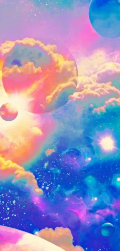 Vibrant cosmic dreamscape featuring planets and colorful clouds.