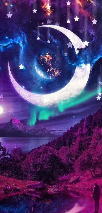 Surreal landscape with crescent moon and vibrant cosmic colors.