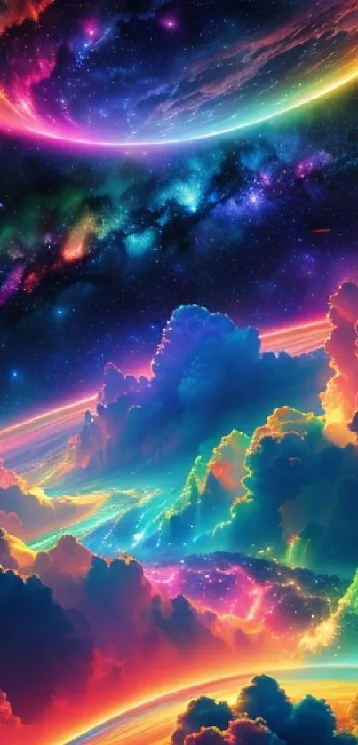 Vibrant cosmic dreamscape with colorful nebulae and clouds, perfect for mobile wallpaper.