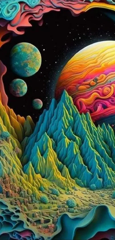 Vibrant cosmic wallpaper with surreal planets and colorful mountains.