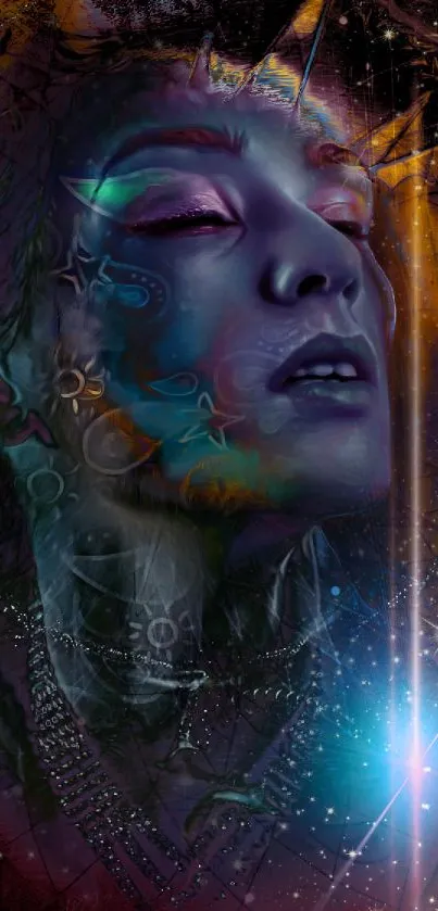 Surreal digital artwork of a cosmic face with vibrant colors in a dreamlike setting.