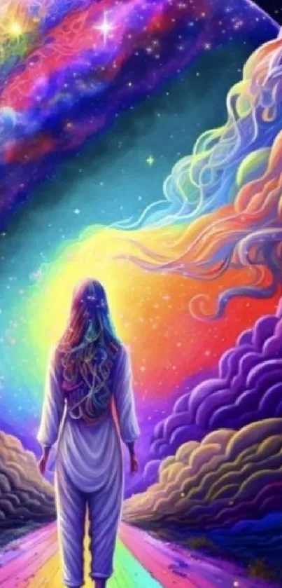 Vibrant cosmic dreamscape wallpaper with colorful universe and mystical figure.