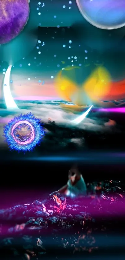 Vibrant cosmic dreamscape with planets and surreal elements.